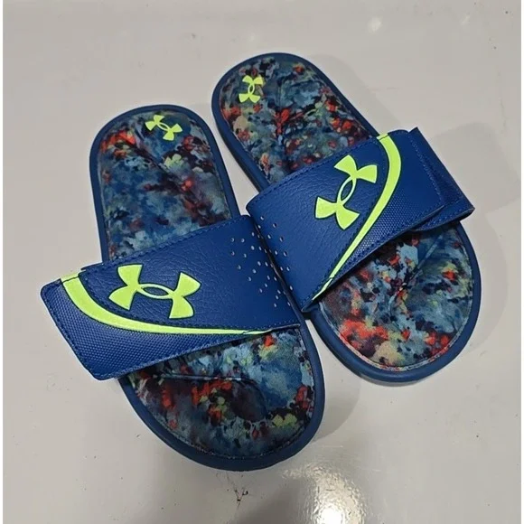 Under Armour Ignite VI Graphic‎ Footbed Blue Slip On Slides Sandals Boys Size 2Y