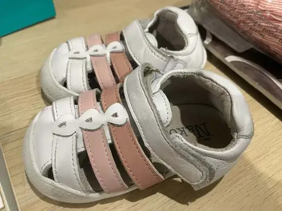 Size 22 Euro/ Size 5 US. White and Pink Girls Leather Sandals Made in Spain