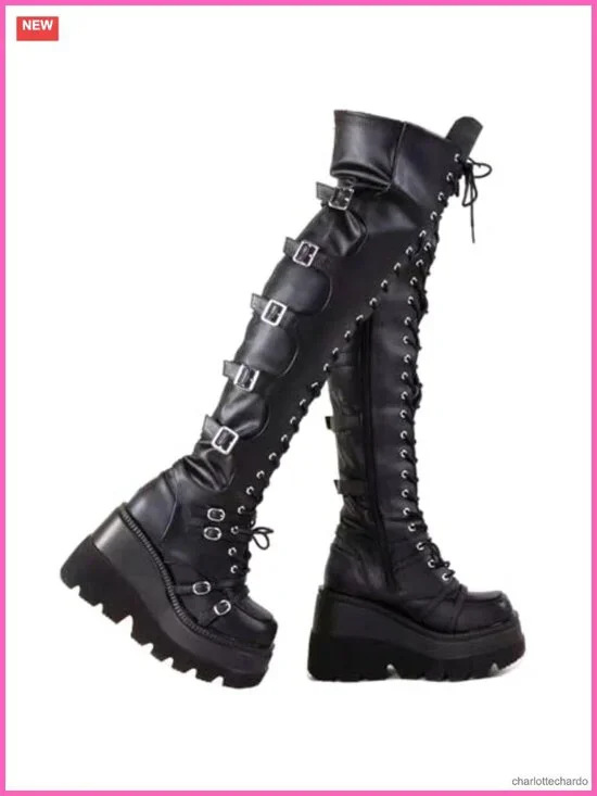 Over Knee Thigh High Platform Goth Boots for Women Chunky Heel Lace Up Side Zip