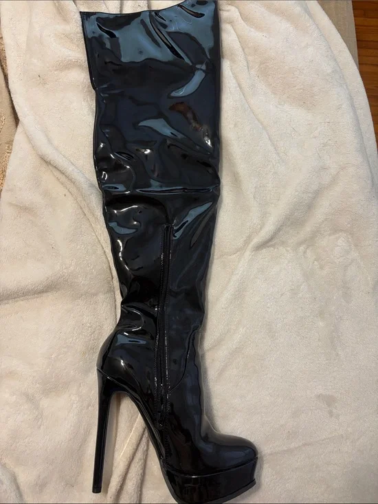 Black Patent Thigh-High Platform Stiletto Boots