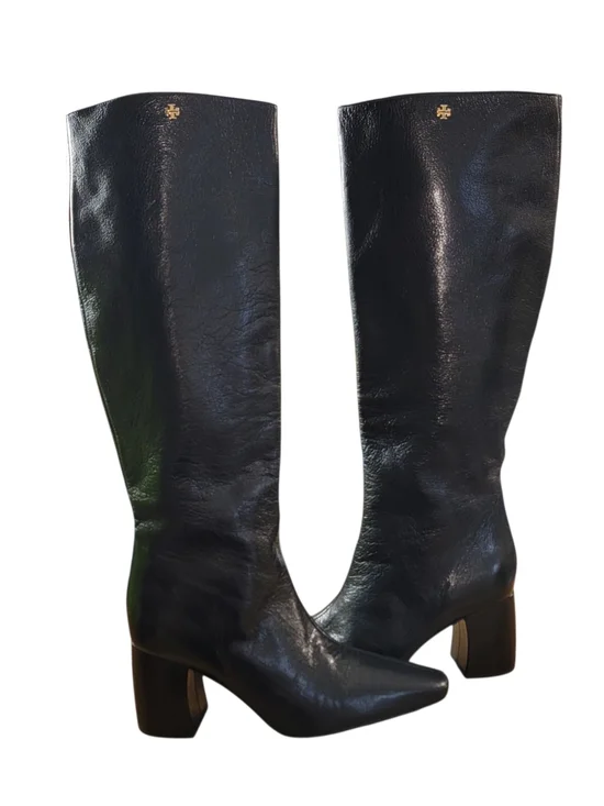 Tory Burch Black Leather Knee-High Block Heel Boots