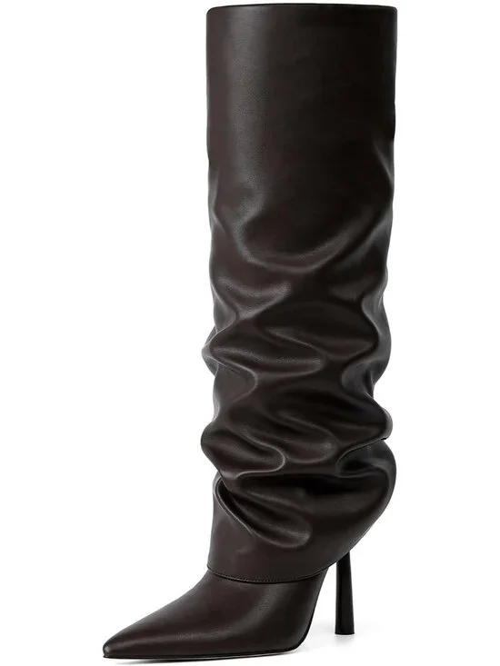 Women's Chocolate Stiletto Heel Pointed Toe Side Zipper Knee High Shark Boots