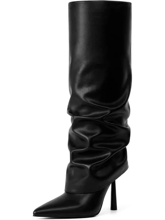 Women's Black 1 Stiletto Heel Pointed Toe Side Zipper Knee High Shark Boots