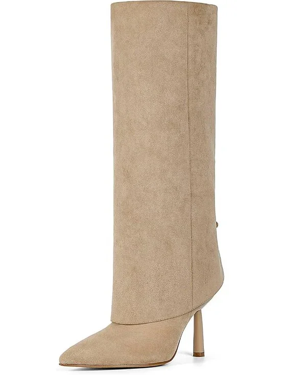 Women's Suede Khaki Stiletto Heel Pointed Toe Side Zipper Knee High Shark Boots