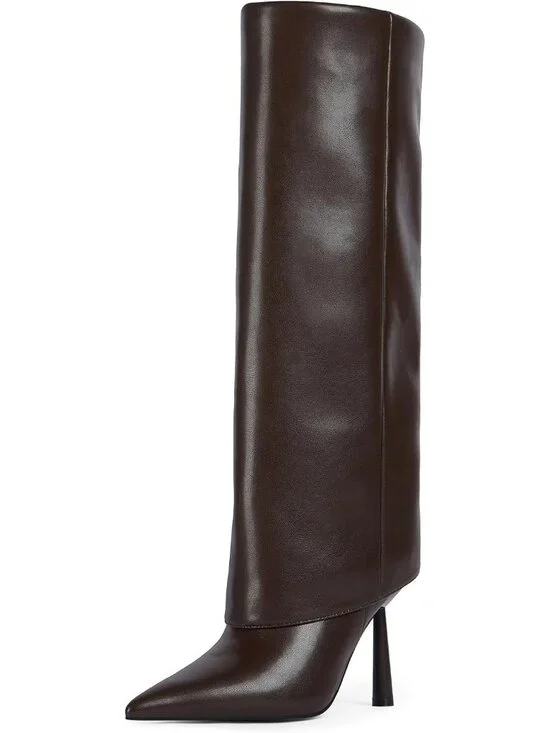 Women Chocolate Brown Stiletto Heel Pointed Toe Side Zipper Knee High Shark Boot