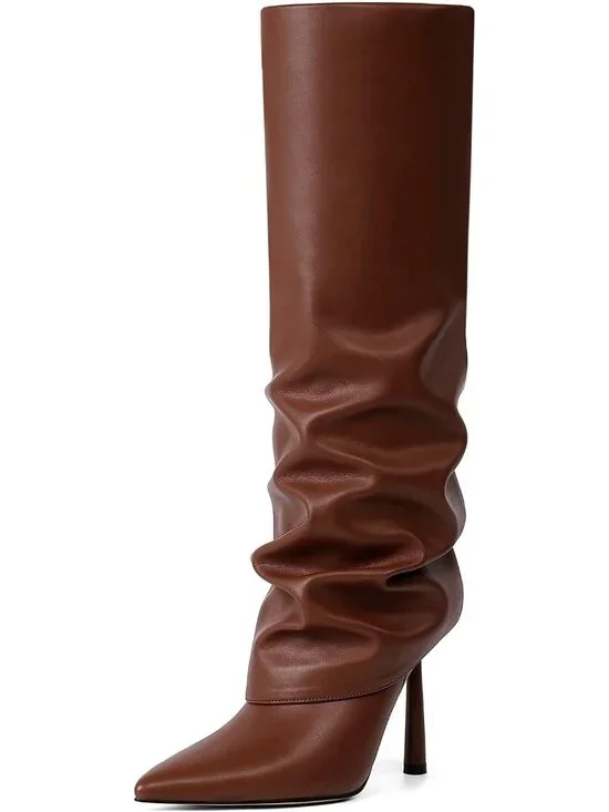 Women's Brown 1 Stiletto Heel Pointed Toe Side Zipper Knee High Shark Boots