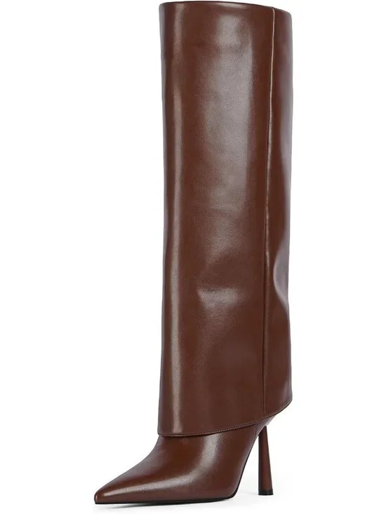 Women's Brown Stiletto Heel Pointed Toe Side Zipper Knee High Shark Boots