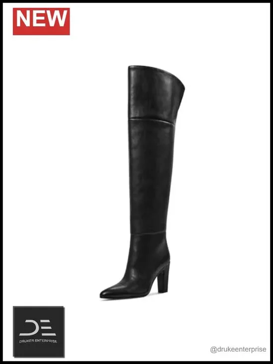 Women's Over Knee Boots Wide Calf Chunky Heel Faux Leather Pointed Toe