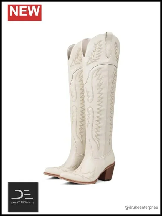 Women's Thigh High Western Cowboy Boots Pointed Toe Chunky Heel Embroidered PU