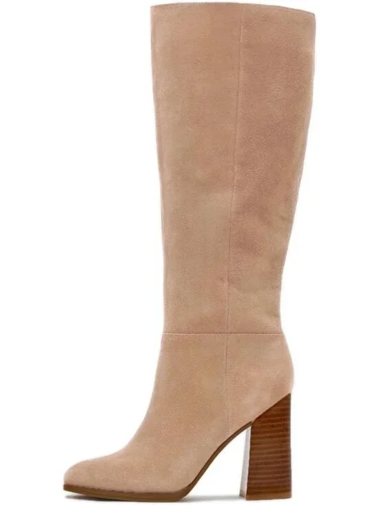 Women's Apricot Chunky Heeled Round Toe Faux Suede Side Zipper Knee High Boots
