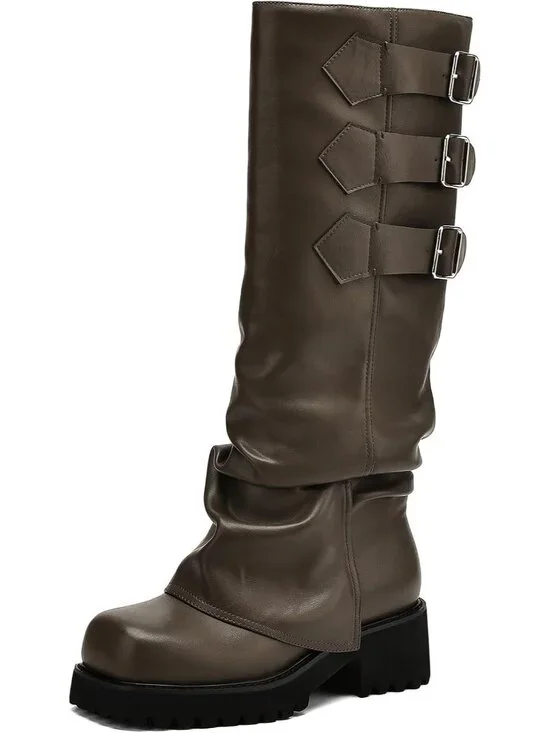 Women's Khaki Block Heeled Square Toe Fold Over Knee High Moto Riding Boots