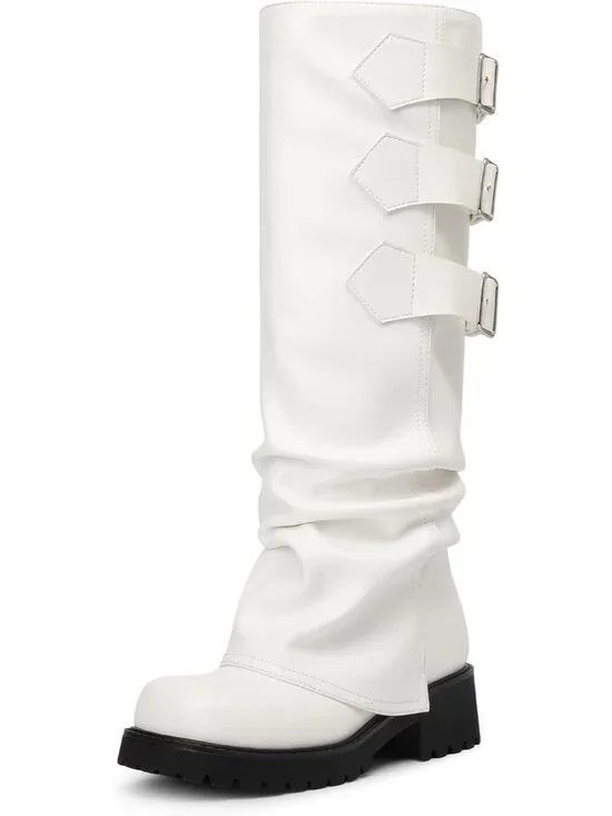 Women's White Block Heeled Square Toe Fold Over Knee High Moto Riding Boots