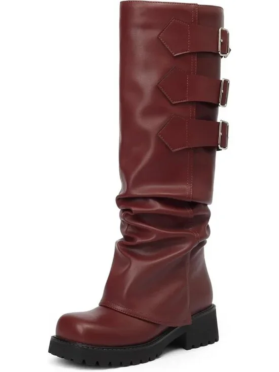 Women's Burgundy Block Heeled Square Toe Fold Over Knee High Moto Riding Boots