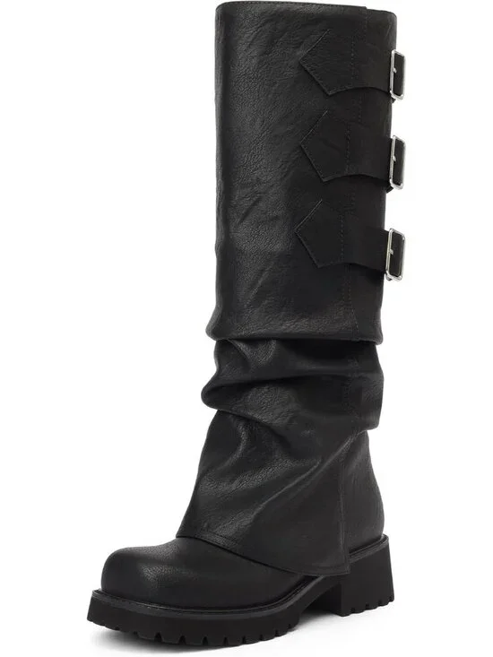 Women's Black Block Heeled Square Toe Fold Over Knee High Moto Riding Boots