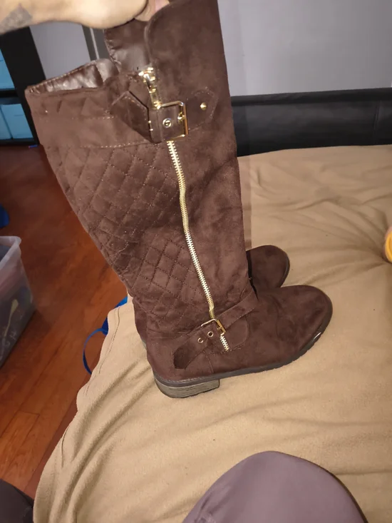 Women's Brown Quilted Suede Knee-High Boots with Gold Zip Accent