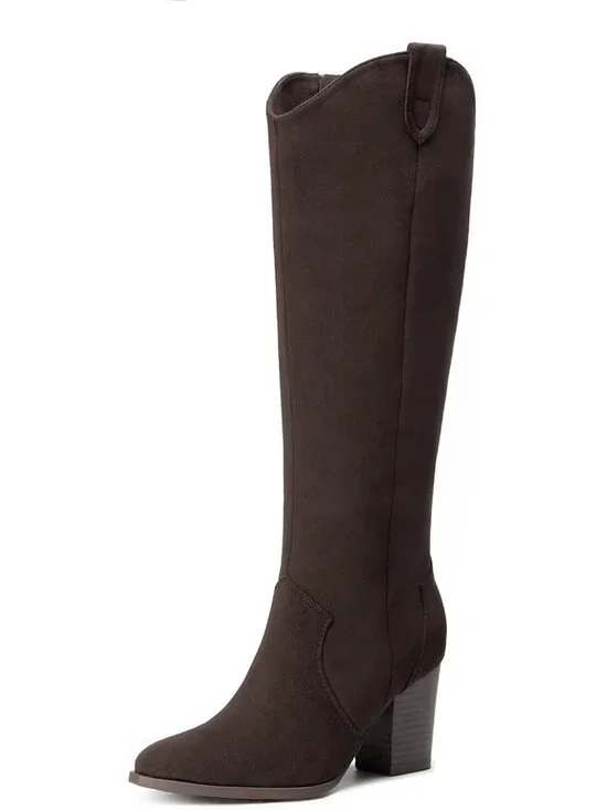 Women's Chocolate Suede Chunky Heel Suede Pointed Toe Side Zipper Knee High Boot