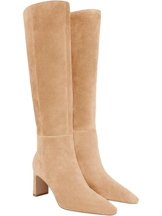 Women's Khaki Chunky Heel Pointed Toe Faux Suede Side Zipper Knee High Boots