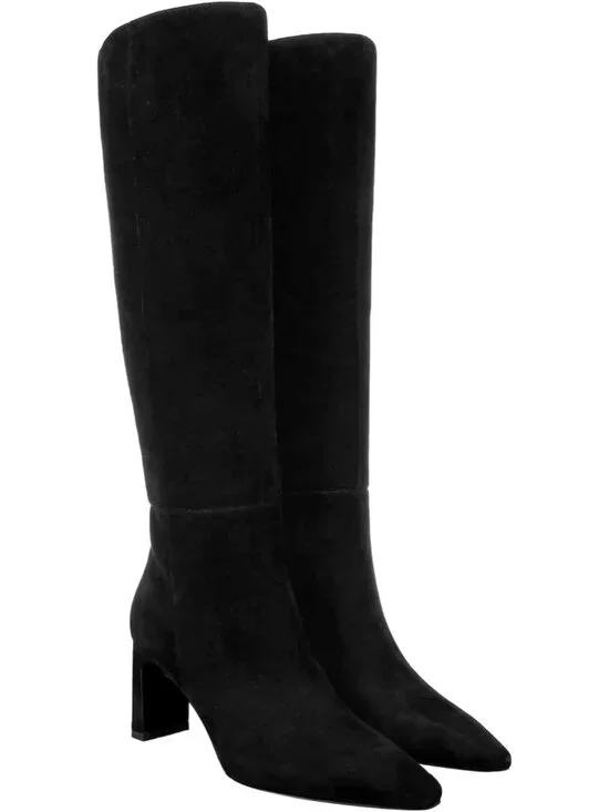 Women's Black Chunky Heel Pointed Toe Faux Suede Side Zipper Knee High Boots