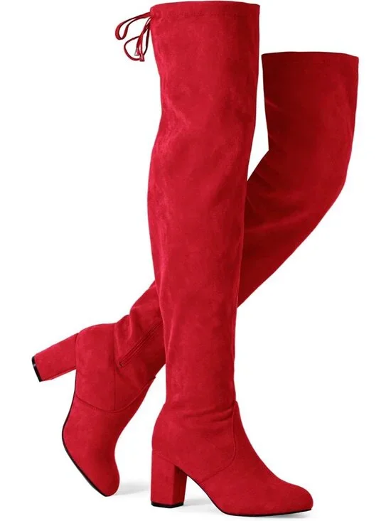 Women's Red Chunky Heel Round Toe Side Zipper Over The Knee Thigh High Boots
