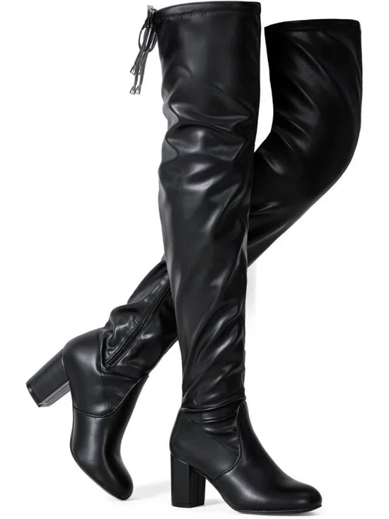 Women's Black Pu Chunky Heel Round Toe Side Zipper Over The Knee Thigh High Boot