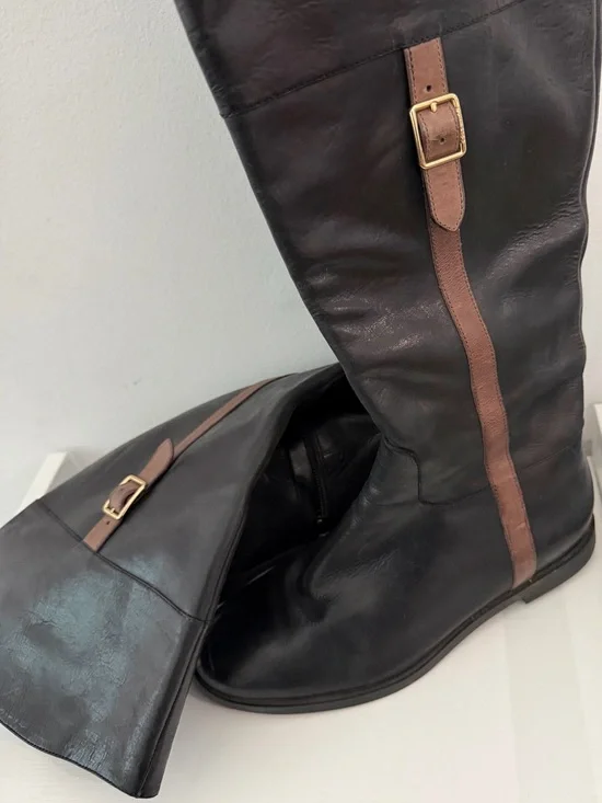 Cole Haan Black Over-the-Knee Leather Boots with Brown Strap