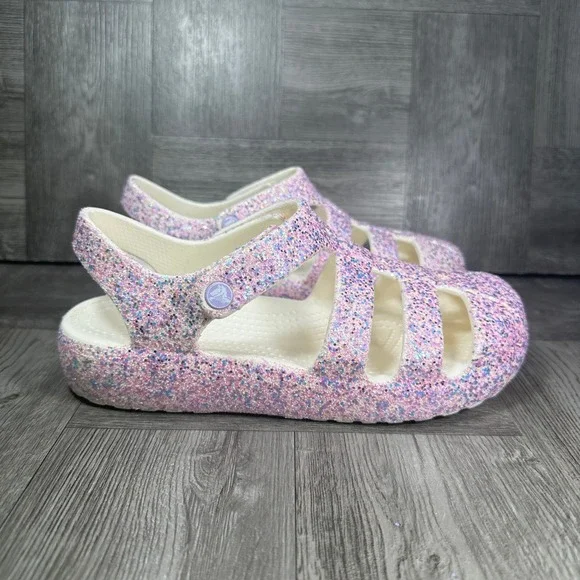 Crocs Fisherman Sandals Kids J2 Pink Purple Glitter Sparkle NEW 212643-0WV