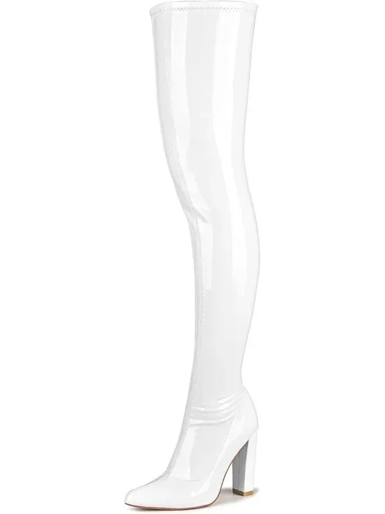 Women's White Heeled Pointed Toe Patent Leather Over The Knee Thigh High Boots