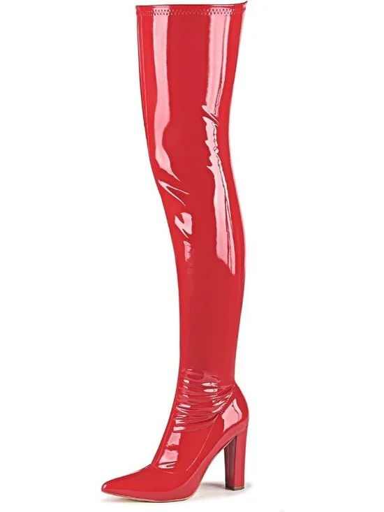 Women's Red Heeled Pointed Toe Patent Leather Over The Knee Thigh High Boots