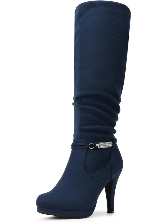 Women's Navy Suede Stiletto Heel Rhinestone Chain Side Zipper Knee High Boots