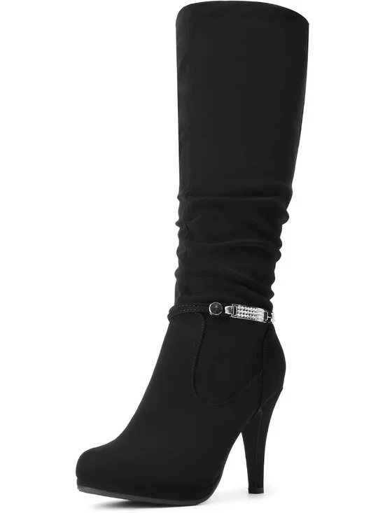 Women's Black Stiletto Heel Rhinestone Chain Side Zipper Knee High Boots