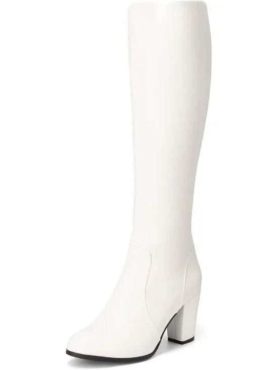 Women's White Pu Faux Fur Lined Square Toe Side Zipper Knee High Riding Boots