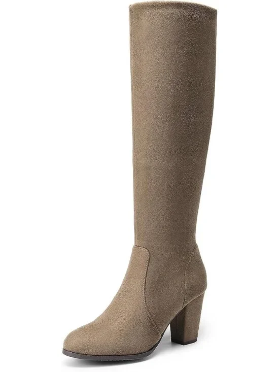 Women's Khaki Faux Fur Lined Square Toe Side Zipper Knee High Riding Boots