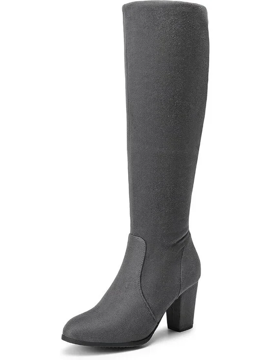 Women's Grey Faux Fur Lined Square Toe Side Zipper Knee High Riding Boots