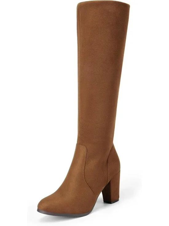 Women's Brown Suede Faux Fur Lined Square Toe Side Zipper Knee High Riding Boots