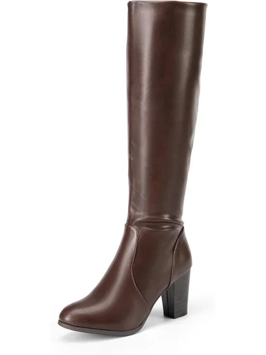 Women's Brown Pu Faux Fur Lined Square Toe Side Zipper Knee High Riding Boots