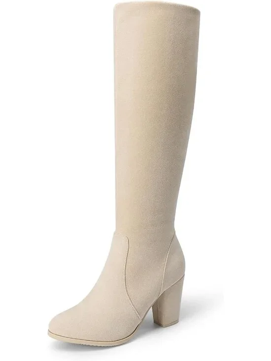 Women's Beige Faux Fur Lined Square Toe Side Zipper Knee High Riding Boots