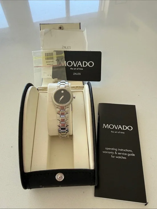 Movado Silver Bracelet Watch with Black Dial with crystal face