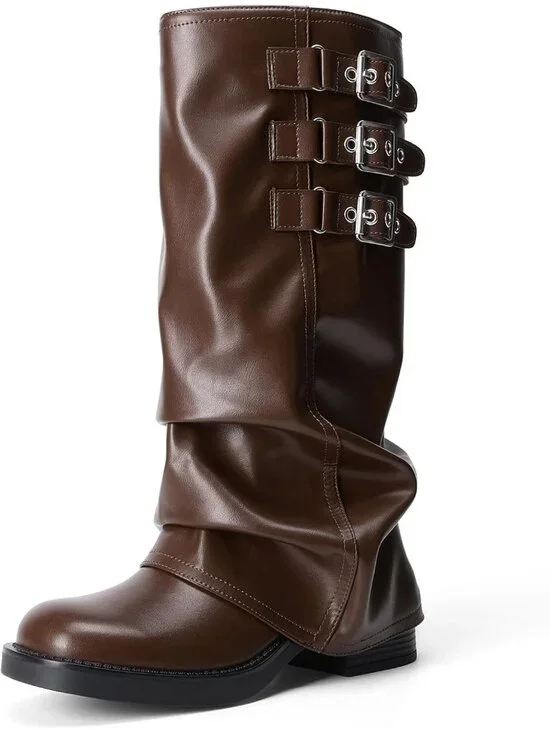Women's Brown Fashion Adjustable Buckle Low Chunky Heel Comfort Slouchy Boots