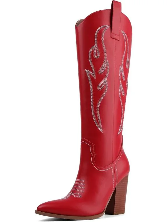 Women's Red Leather Embroidered Rhinestone Wide Calf Side Zipper Cowgirl Boots