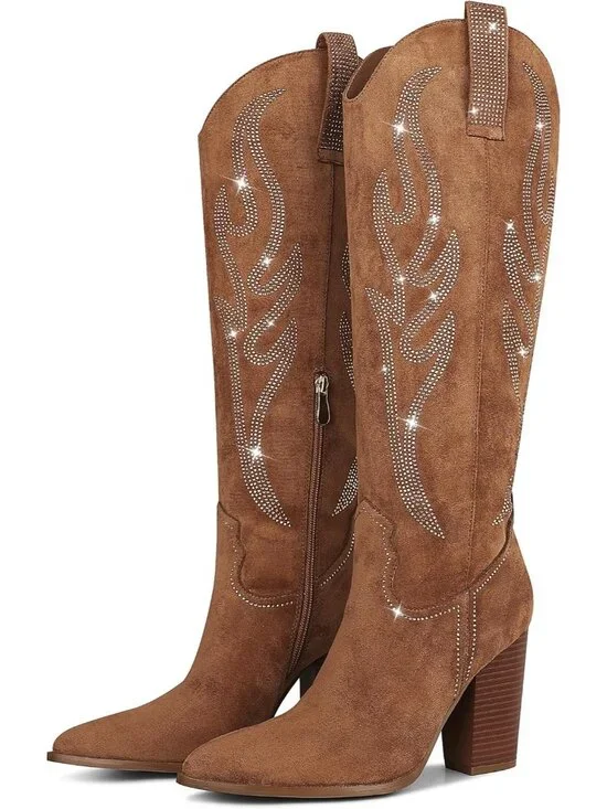 Women's Brown Suede Embroidered Rhinestone Wide Calf Side Zipper Cowgirl Boots
