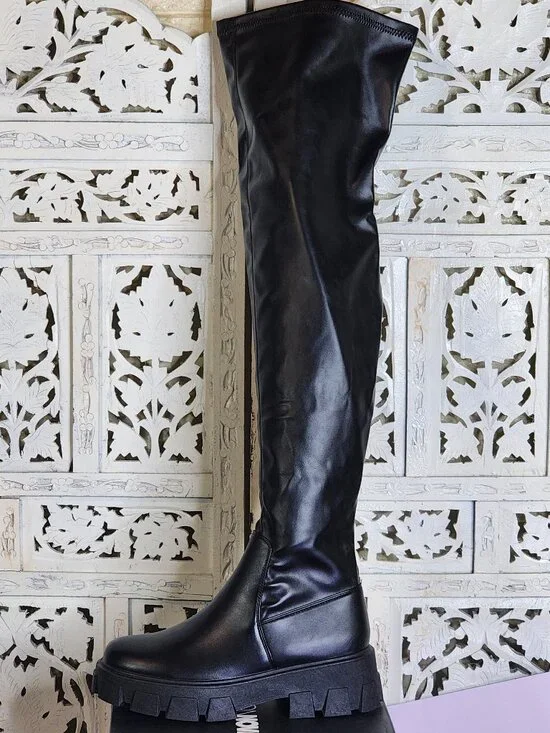 Fashion Nova Black Chunky Sole Play It Off Over The Knee Faux Leather Boots 8.5