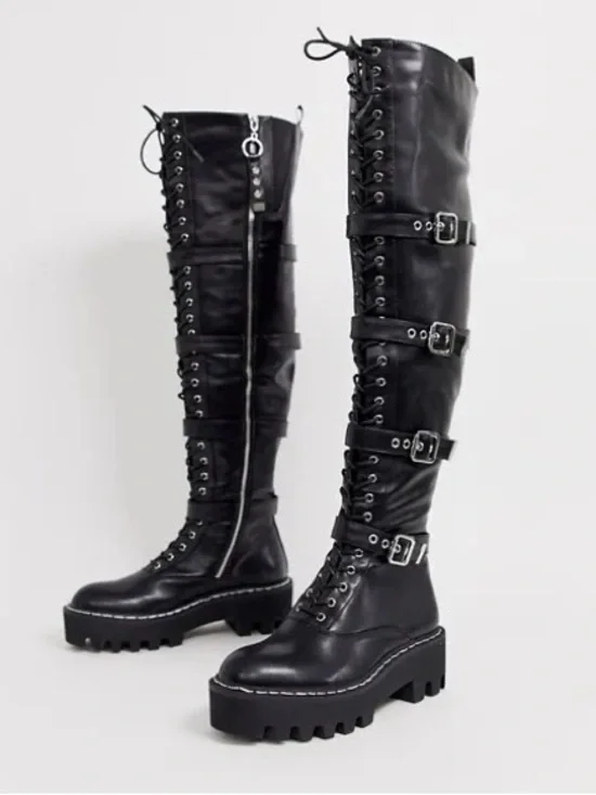 Lamoda Black Knee High Combat Boots with Buckle Straps