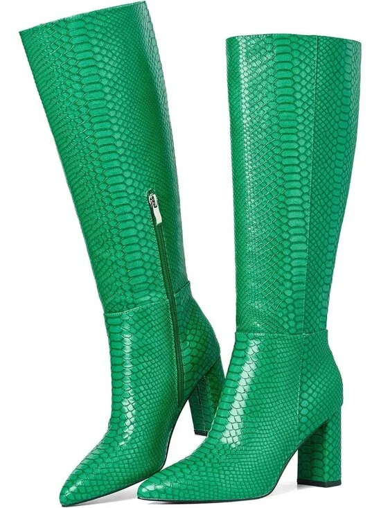 Women's Green Chunky Heel Pointed Toe Wide Calf Side Zipper Knee High Boots