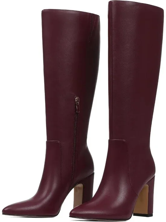 Women's Burgundy Pu Chunky Heel Pointed Toe Wide Calf Side Zipper Knee High Boot