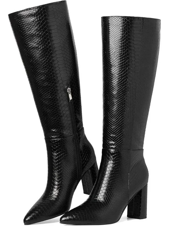 Women's Black Chunky Heel Pointed Toe Wide Calf Side Zipper Knee High Boots