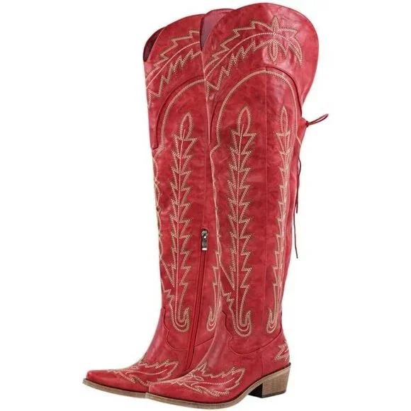 Women Red Synthetic Cowgirl Thigh High Wide Calf Embroidered Western Boots