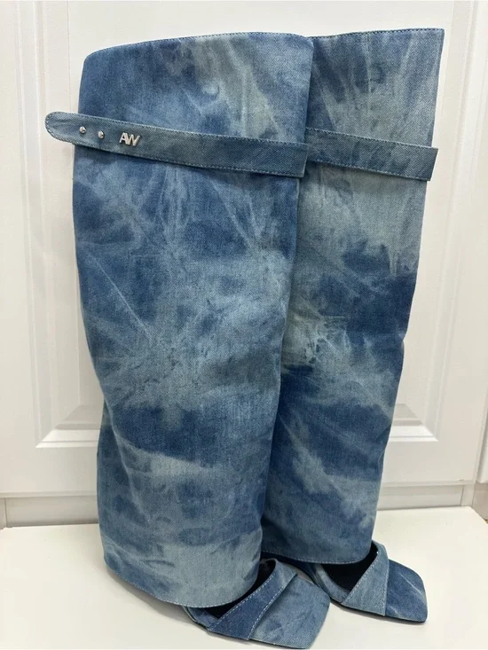NIB Azalea Wang Marietta Denim Fold Over Open Toe Wedge Boots Tie Dye Size 9