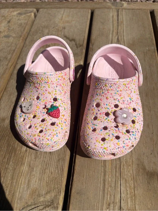 Kids Pink Sprinkle CROCS with Strawberry, Pig & Flower Charms
