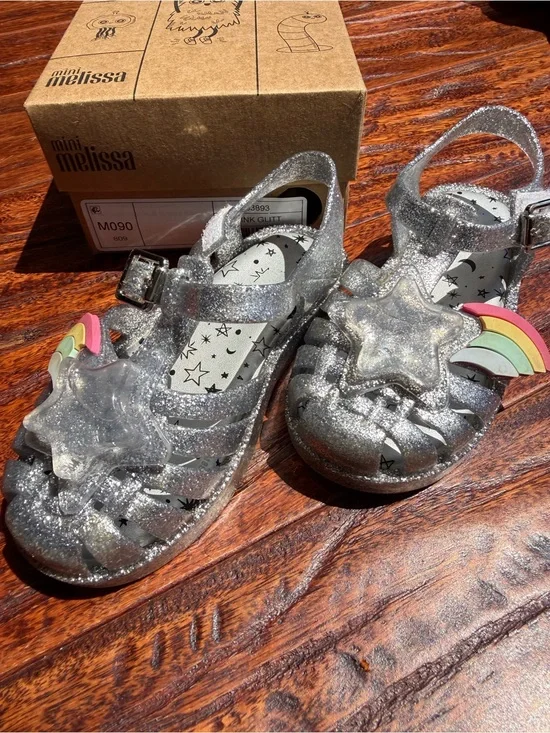 Mini Melissa Silver Glitter Star & Rainbow Jelly Sandals