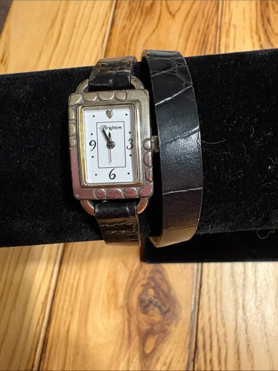 Brighton Petosky is Black Leather Wrap Watch with Silver-Tone Decorative Case